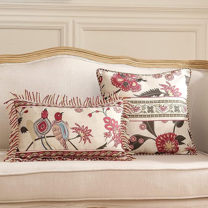 patdrea Designer Throw Pillow Covers 12"x20",Vintage Red Flying Bird Pattern Linen Pillowcases with Tassel Edges Pillows Cover for Couch,Decorative Lumbar Cushion for Bed Outdoor Car,Set of 2