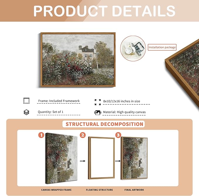 Floating Framed Vintage Monet Canvas Wall Art, Classical Rustic Farmhouse Landscape Wall Decor Paintings, Natural Floral Artwork Pictures Posters Prints for Living Room Bedroom 8x10 inch