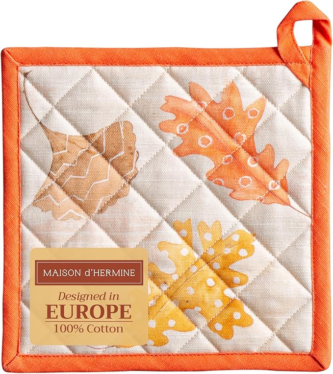 Maison d' Hermine Pot Holders 100% Cotton Heat Resistant Potholders 8" x 8" Hot Pads with Loop for Thanksgiving Christmas Decorations BBQ Cooking Handling Hot Pans (Pack of 1, Colours of Autumn)