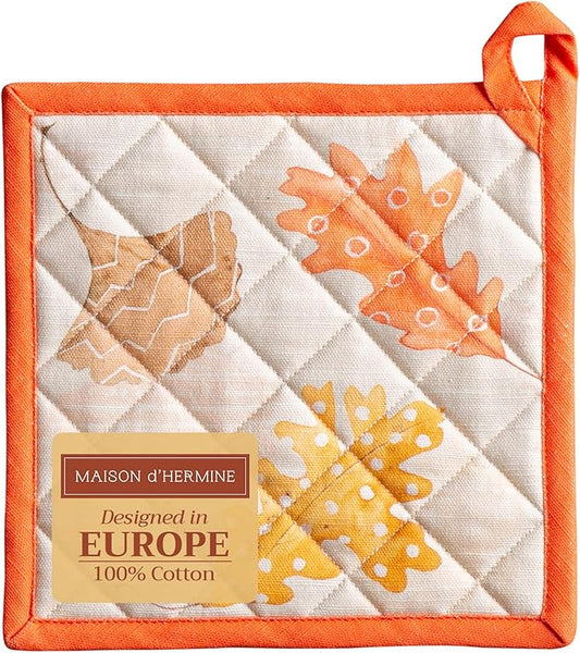 Maison d' Hermine Pot Holders 100% Cotton Heat Resistant Potholders 8" x 8" Hot Pads with Loop for Thanksgiving Christmas Decorations BBQ Cooking Handling Hot Pans (Pack of 1, Colours of Autumn)