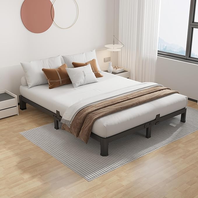 ROIL 4 inch Metal Queen Bed Frame with Rounded Corner Mattress Retainers 3500LBS Heavy Duty Steel Slats No Box Spring Needed Platform Noise-Free Easy Assemble
