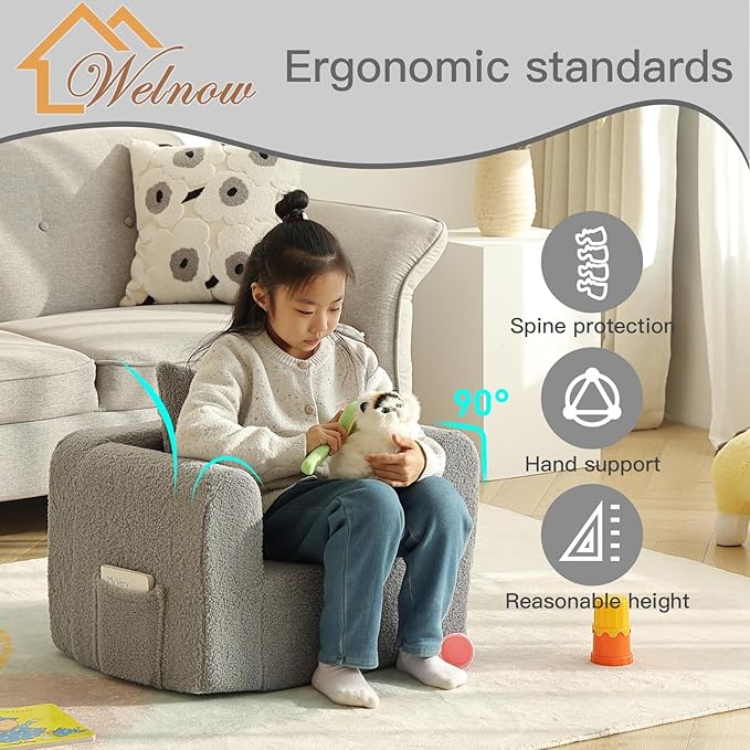 Welnow Kids Sofa with Pillow, Cozy Toddler Chair Soft Foam Seat for Reading, Children's Couch with Armrest Lightweight Comfy Kids Furniture for Bedroom, Playroom for Boys and Girls, Sherpa Grey
