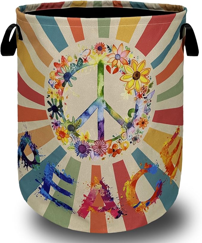 Retro Colorful Hippie Peace Laundry Basket Foldable With Handles Tote Bag Oxford Cloth Funny Laundry Hamper 18.9" x 16.5" Clothes Storage Bucket Toy Organizer For Bathroom/Laundry/Bedroom
