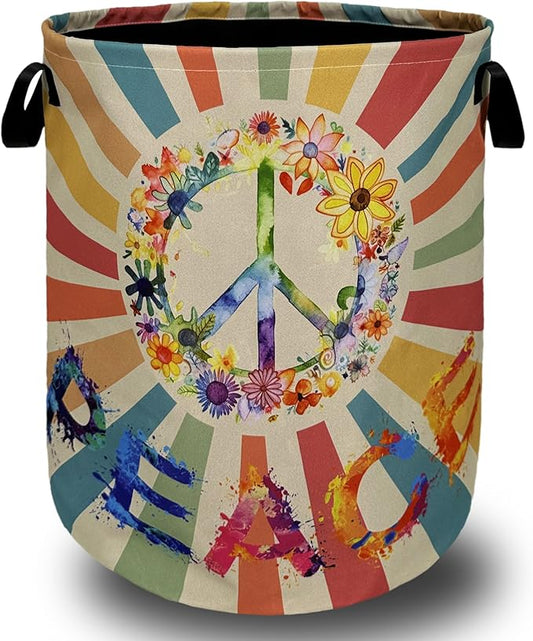 Retro Colorful Hippie Peace Laundry Basket Foldable With Handles Tote Bag Oxford Cloth Funny Laundry Hamper 18.9" x 16.5" Clothes Storage Bucket Toy Organizer For Bathroom/Laundry/Bedroom