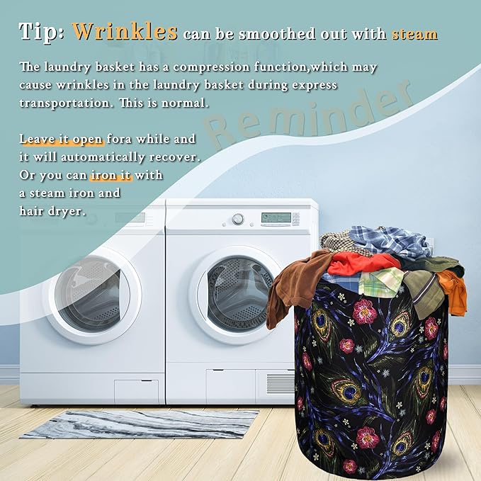 Colorful Peacock Feathers Laundry Basket Foldable With Handles Tote Bag Oxford Cloth Beautiful Laundry Hamper 18.9"x16.5" Clothes Storage Bucket Toy Organizer For Bathroom/Laundry/Bedroom