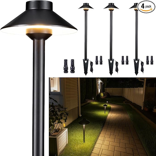 12v Landscape Lighting Brass - Low Voltage Pathway Lights IP65 Waterproof, Hard-Wired Path Light Outdoor, Mushroom-top Black for Exterior Area Patio House G4 Bulb Not Included (4 Pack)