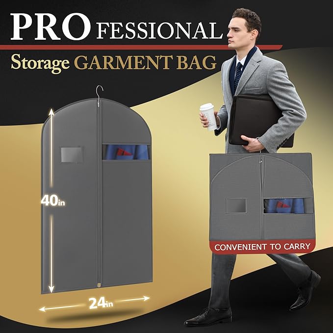 5 Pack 40-inch Suit Bag Garment Bag for Travel and Storage, Garment Bags for Hanging Clothes with Zipper and Visible Transparent Window, Gray