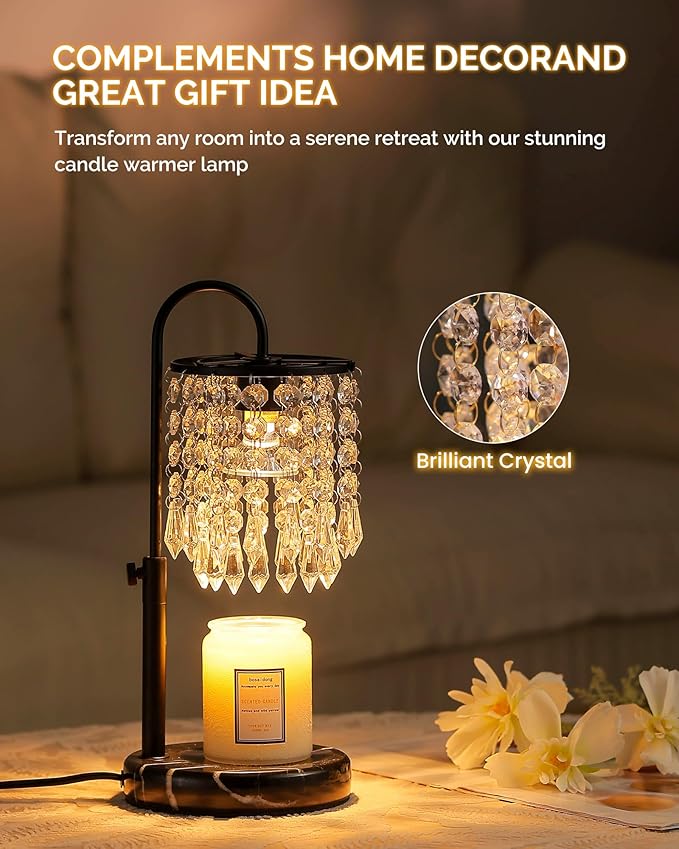 Lamp Candle Warmer with Marble Base for Adjustable Height, Dimmer and 3 Bulbs, Crystal Candle Warmer Lamp with Timer for Jar Candles, House Warming Decor Gifts, Black