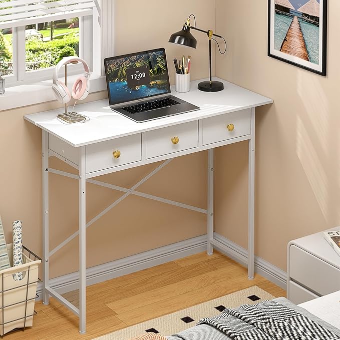 White Writing Desk with 3 Drawers for Bedroom, 37.2 Inch Small Computer Desk for Small Spaces, Simple Study Table for Kids Bedroom, Home Office, Dorm, Living Room, Vanity Make Up Desk, White