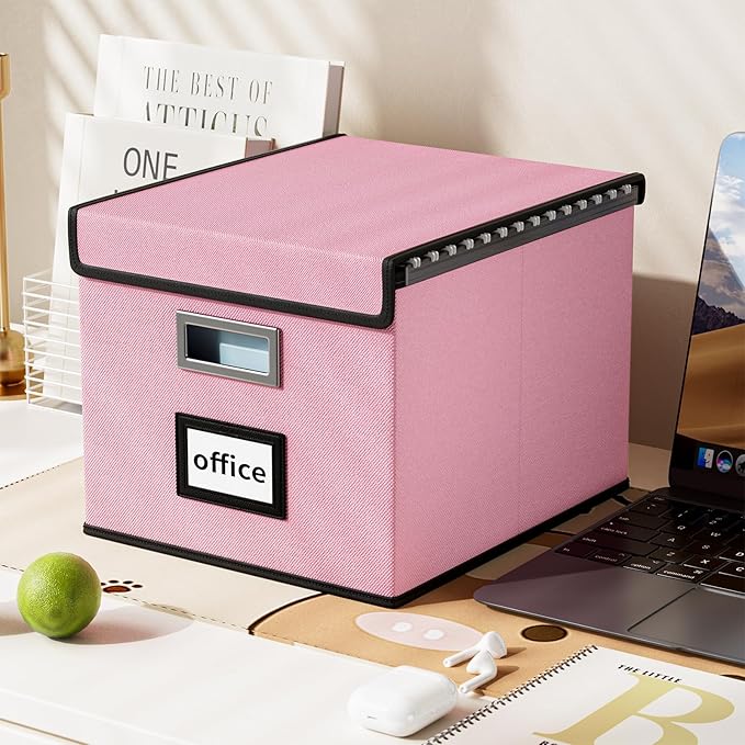 Huolewa Collapsible File Storage Organizer Boxes with Lids, Linen Document Storage, Universal Hanging Filing Organization Boxes for Letter/Legal, Decorative Office/Home File Bins - Boxes Only(2 Pack)