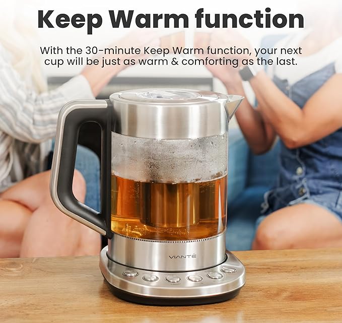 Vianté Electric Kettle With Infuser For Loose Leaf. Hot Tea Maker With Temperature Control And Automatic Shut Off. Tea Kettle With Brewing Programs. 1.5 Liters Capacity