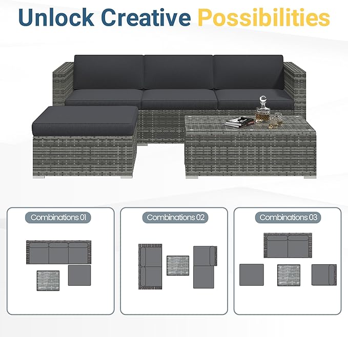 Wisteria Lane 5-Pieces Outdoor Patio Furniture Set, All Weather Wicker Rattan Sectional Sofa Conversation Set with Cushions & Glass Coffee Table for Backyard Porch Garden Balcony, Grey