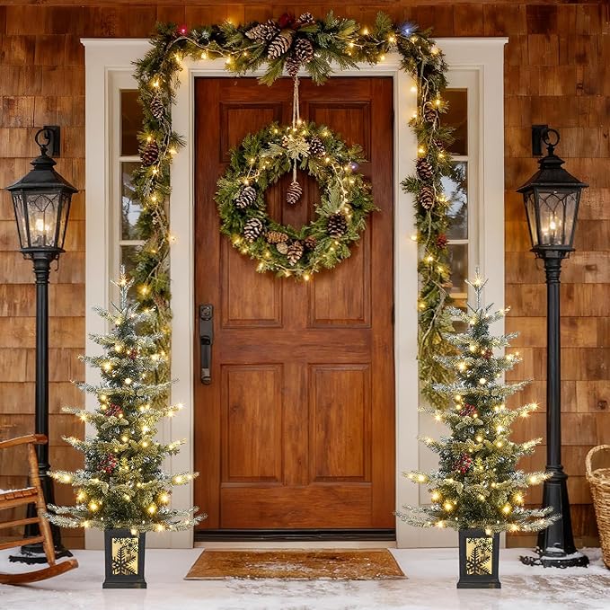 Small 3.5 FT Pre-Lit Christmas Tree with Ligths Snow Flocked Tabletop Christmas Tree with Vintage Snowflake Base for Home Office Xmas Decor, Battery Operated and Timer Function