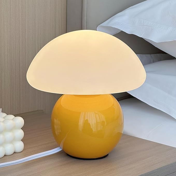 Mushroom Lamp Ceramic Base,Yellow Cute 70s Mid Century Modern Decor Lamp for Bedroom,Small Abstract Table Bedside Glass Mood Coze Fun Warm Light