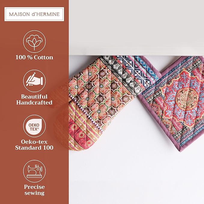 Maison d' Hermine 100% Cotton Oven Mitt & Pot Holder Set (7.5"x13" & 8"x8") Heat Resistant BBQ Cooking Gloves with Loop for Thanksgiving Christmas Decorations Handling Hot Pans (Ispahan)