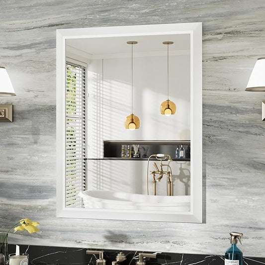 28x36 Inch White Bathroom Mirror for Wall, Thick Metal Framed Rectangle Mirrors for Over Sink, Bedroom, Living Room, Entryway, Anti-Rust, HD Tempered Glass