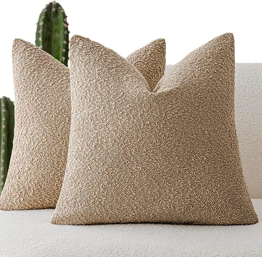 Foindtower Set of 2, Decorative Textured Boucle Throw Pillow Covers Accent Solid Pillow Cases Soft Cozy Couch Cushion Case for Chair Sofa Bedroom Living Room Home Decor 24 x 24 Inch Taupe Khaki Camel