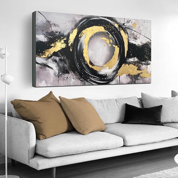 Black White and Gold Wall Art for Living Room Large Size - Hand Painted Wall Art for Bedroom - Abstract Painting Wall Decor Office Size 29" x 59"