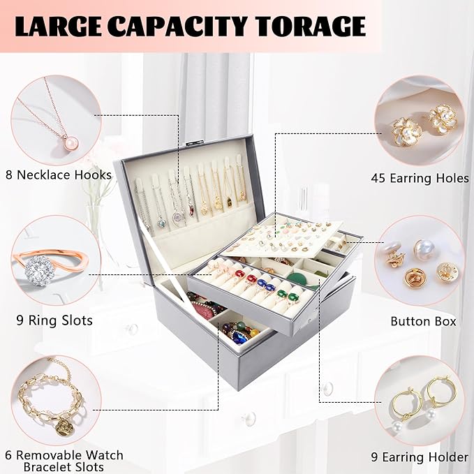 Homeanda Jewelry box 2 layer Jewelry box Leather Jewelry boxes for Women Girls Teens Jewelry organizer box Jewelry Storage box with lock(Grey)