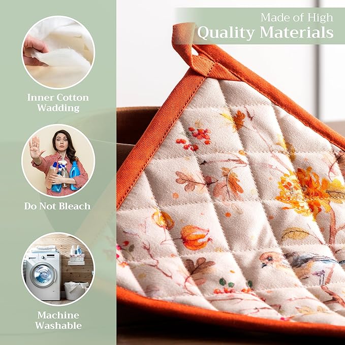 Maison d' Hermine Pot Holders 100% Cotton Heat Resistant Potholders 8" x 8" Hot Pads with Loop for Thanksgiving Christmas Decorations BBQ Cooking Baking Handling Hot Pans (Pack of 1, Kelim - Prairie)