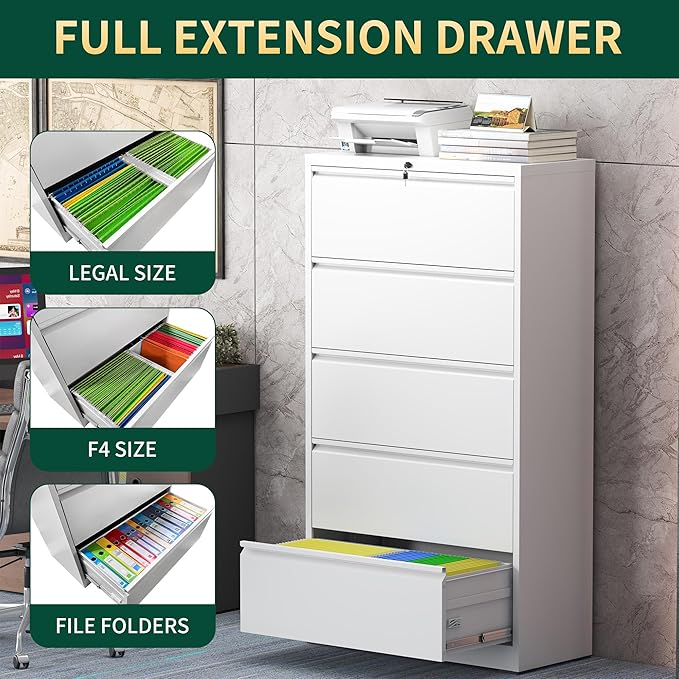 5 Drawer Lateral File Cabinet with Lock, Metal File Cabinets for Home Office, Steel Heavy-Duty Filing Storage Cabinet for Letters/Legal/A4 (Require Assembly, White)