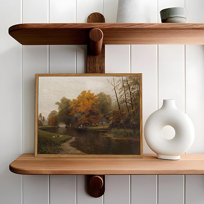Floating Framed Canvas Wall Art Decor – Vintage Autumn by the Water Landscape Paintings Prints, Nature Countryside Pictures Wall Decor for Living Room Bedroom Office Decoration 8x10 inch