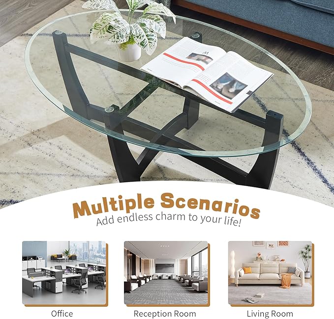 48" Oval Glass Coffee Table with Tempered Glass Top Cross and Solid Wood Base Simple & Modern Center Table for Living Room Office Apartment Black