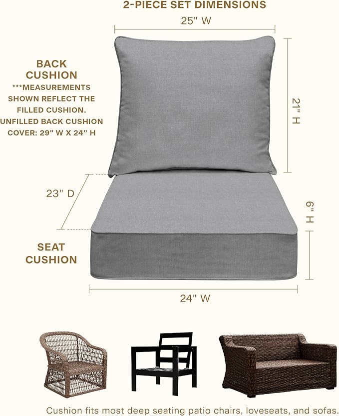 Honeycomb Outdoor Deep Seat, 24 x 23, Textured Solid Platinum Grey Chair Cushion for Patio Furniture