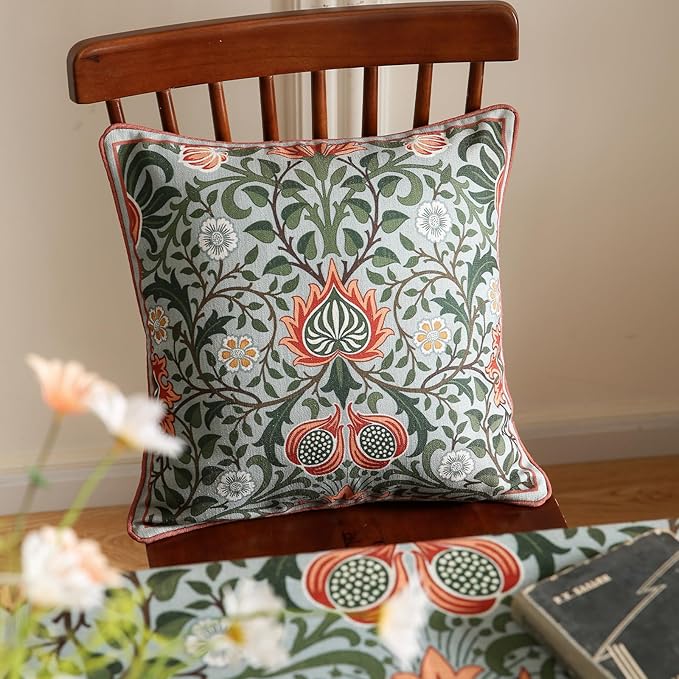 Design Square Retro Elegant Linen Throw Pillow Covers 18"x18" Pack of 2, Blue Gray Floral Pattern Cushion Covers Decor Pillowcases for Bed,Living Room,Outdoor,Car