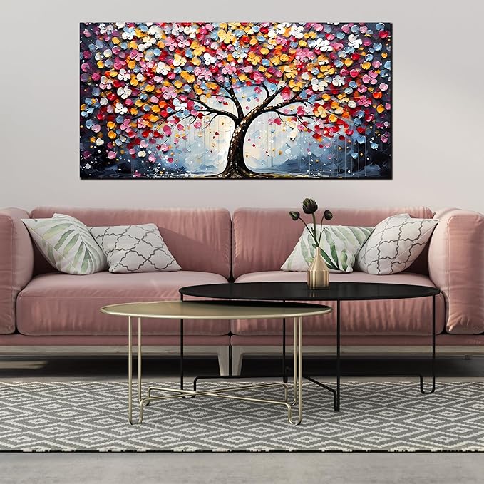 Zoyotago Large Canvas Wall Art Colorful Flower Tree Picture Gray Backgrounds Canvas Prints Ready to Hang for Bedroom Living Room Size 24x48