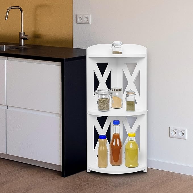 Corner Shelf Stand, Corner Bookshelf, Small Corner Shelves by Natural Wood, Plant Stand, Corner Bookcase for Living Room, Home Office, Bedroom, (White, 3 Tier X)