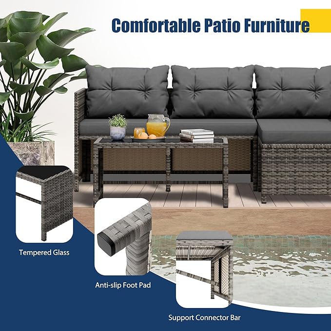 Vongrasig 3 Piece Patio Furniture Sets, All-Weather Wicker Outdoor Sofa Couch Sectional Set, Small Conversation Set for Patio, Garden w/Cushion, Glass Table, (Grey)