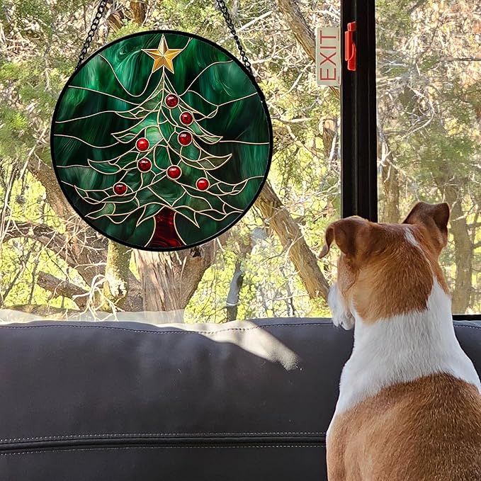 Stained Glass Window Hanging 4 Pcs Set Red Christmas Stockings and Gingerbread Large 15" - Suncatcher Door Garden Sun Catcher Decor Birthday Mother's Day Xmas Gifts for Mom Woman Nana Men