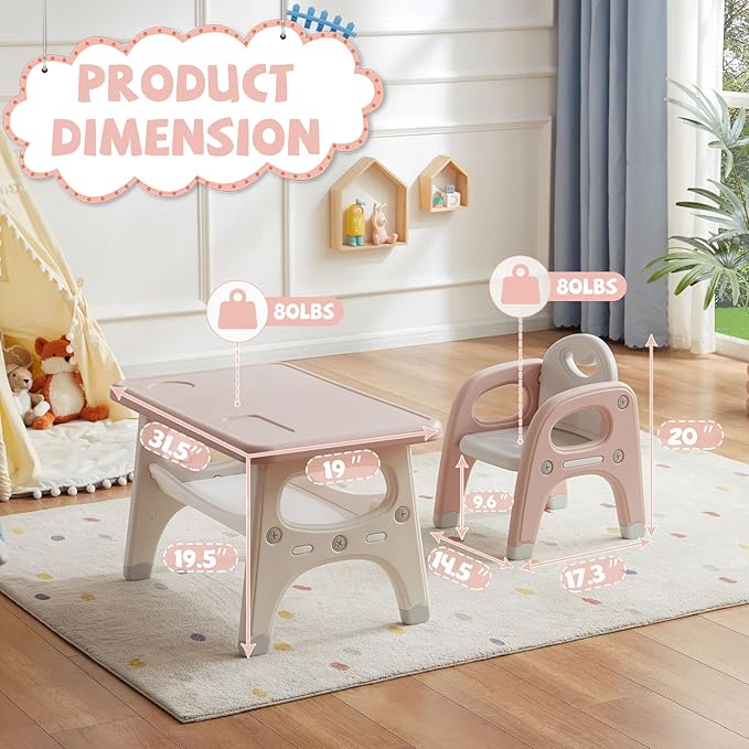 Kids Table and Chair Set, Plastic Children Activity Table with 2 Chairs, Toddler Table and Chair Set for Reading, Drawing, Snack Time, Arts Crafts, Preschool, Gift for Boys Girls