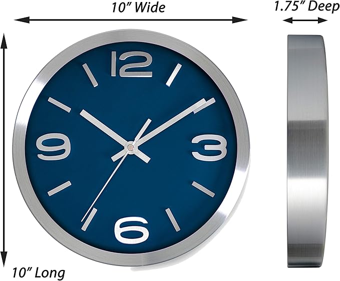 Bernhard Products Wall Clock 10 Inch Modern Silver Round Elegant Metal Quality Quartz, Silent Non Ticking Battery Operated Home Office Clock with 3D Numbers (Silver & Prussian Blue)