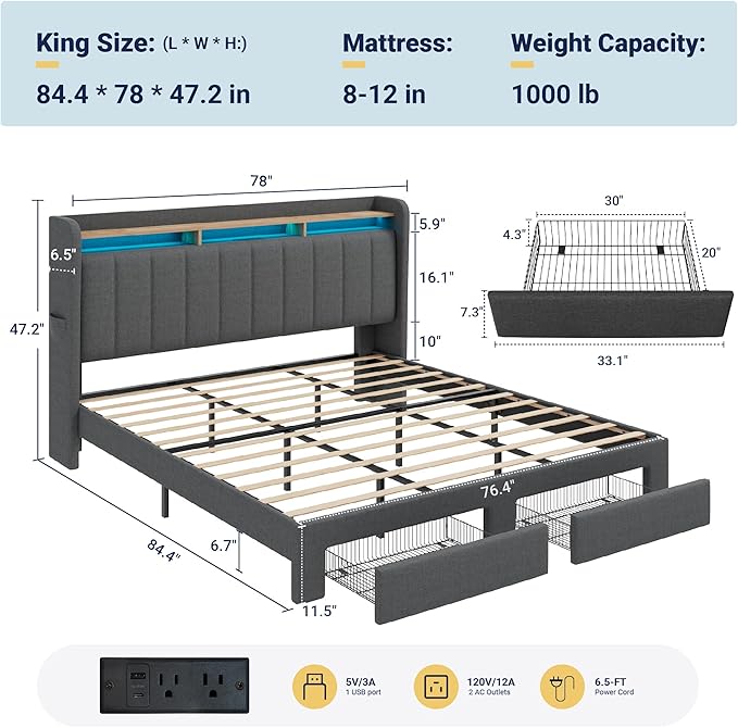 Allewie Vertical Tufted King Size Upholstered Platform Bed Frame with 2-Tier LED Storage Headboard & 2 Storage Drawers, USB & Type-C Charging Ports, Noise-Free/No Box Spring Needed, Dark Grey