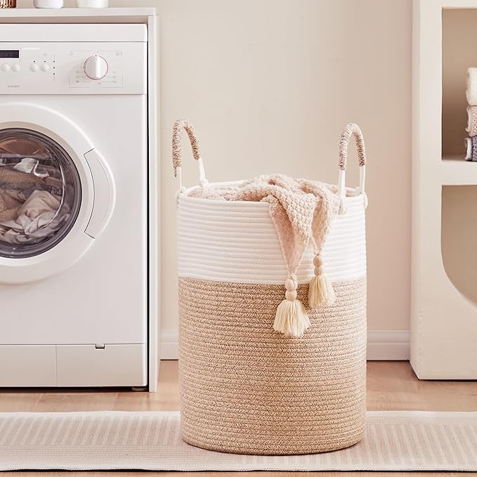 Hamper Laundry Basket Tall Woven Clothes Hamper for Baby Girls Nursery Kids Cotton Rope Blanket Basket in Living Room Bathroom Bedroom Brown 60L Large Capacity