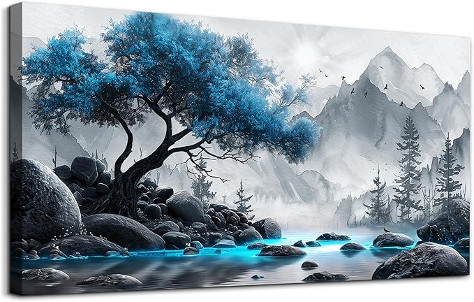 Lapremoly Large Canvas Wall Art For Living Room Wall Decor For Office Wall Decorations For Bedroom Black And White Painting Blue Tree Landscape Wall Pictures Hotel Artwork Posters Family Home Decor