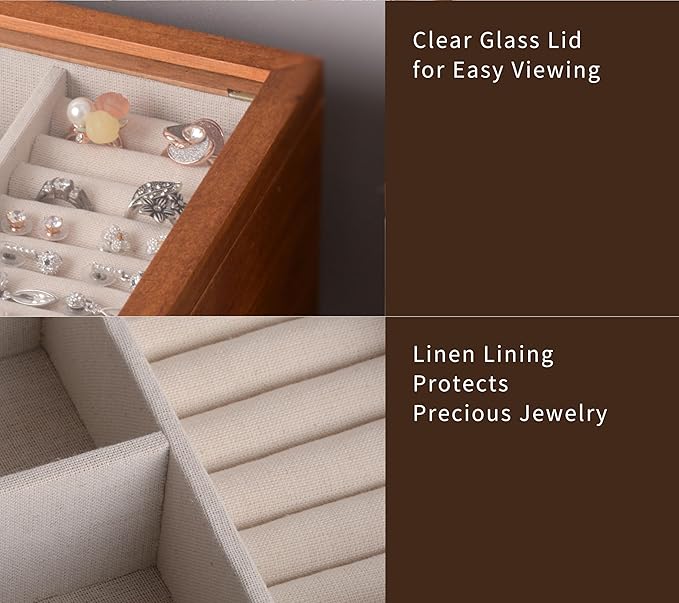 Jewelry Box with Glass Lid, 3 Layer Jewelry Organizer for Women, Solid Wooden Jewelry Box Display for Ring Earrings Necklace Bracelet, Pine Wood Jewelry Boxes Vintage Style for Gifts