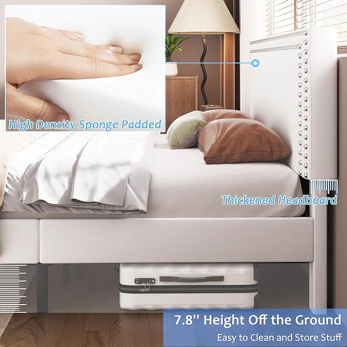 VECELO Queen Size Bed Frame with Adjustable Upholstered Headboard, Wooden Slats Platform, Noise-Free Design, Easy Assembly