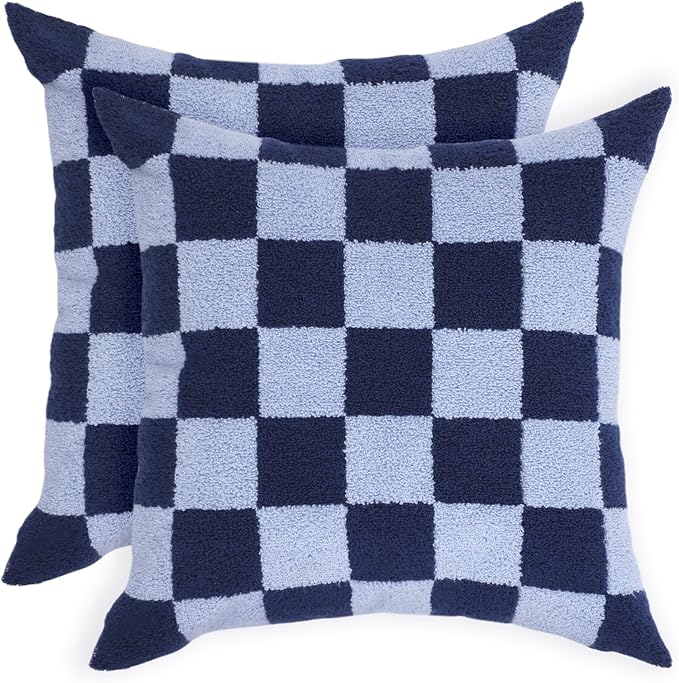 Alysheer Checkered Embroidered Decorative Throw Pillow Covers 18"x 18" Set of 2, Classic Chic Navy Blue Plaid Tufted Patterned Cotton Canvas Cushion Case for Sofa Couch Bed Living Room