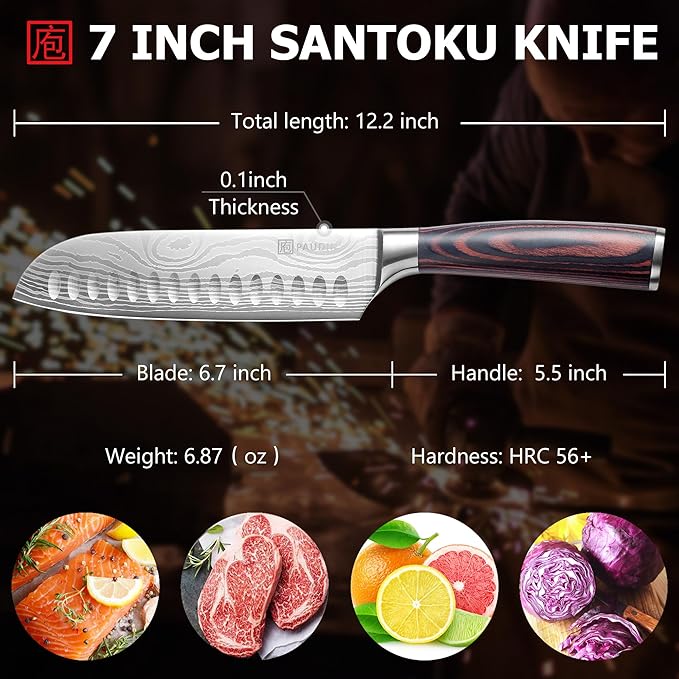 PAUDIN Santoku Knife, 7 Inch Kitchen Knife, Ultra Sharp Edge - Forged High Carbon German Stainless Steel, Professional Chef Knife with Ergonomic Handle, Gifts for Men and Women