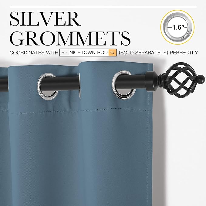 NICETOWN Smoky Blue Blackout Curtains 48 inches Length for Laundry Room, 2 Panels, 42" Wide, Thermal Insulated Decoration Drapes for Short Window