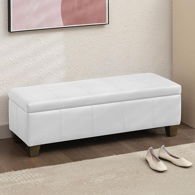 51 Inch Faux Leather Ottoman with Storage, End of Bed Bench with Large Storage, Rectangular Extra Long Bench for Bedroom and Living Room, White