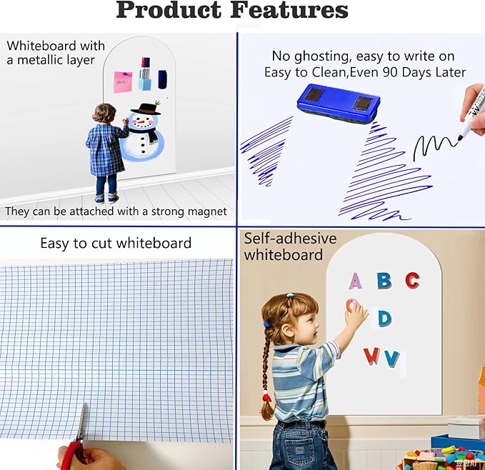 Magnetic Dry Erase Whiteboard Wall Arch Decal 40"x17.5" Self Adhesive White Board Sticke with Marker for Kid Whiteboard Stick Wall Contact Paper Peel and Stick Wallpaper Office Home