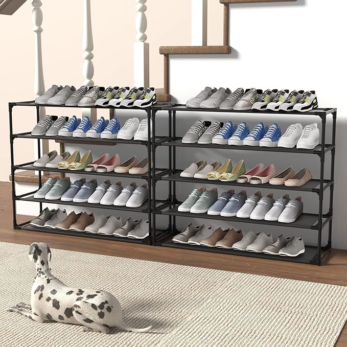 TY ARTS & CULTURE 2 Pack 5-Tiers Shoe Rack Organizer, Sturdy Metal Pipes & Durable Non-Woven Fabric, Shoe Rack for Closet Hold 40-50 Pairs, Shoe Rack for Entryway (Black)