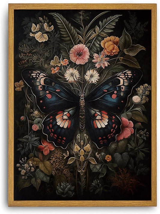 Djmwtb Vintage Framed Wall Art Butterfly Canvas Wall Art Prints Gothic Botanical Floral Pictures Dark Academia Flower Painting Wall Decor Artwork for Living Room Bedroom Bathroom Office 8x10in