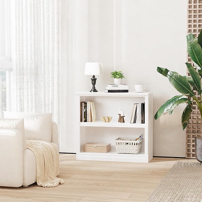 blini 2-Shelf White Bookcase Wooden Bookshelves 33in Wide Floor Standing Display Storage Shelves Oak Bookcase for Home Office, Living Room, Bed Room