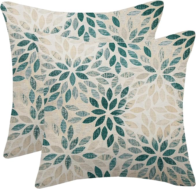 Dark Teal Dahlia Pillow Covers 18x18 Inch Set of 2 Summer Geometric Rust Flower Outdoor Decorative Throw Pillows Farmhouse Turquoise Pillow Case Linen Square Cushion Cover for Home Sofa Bedroom