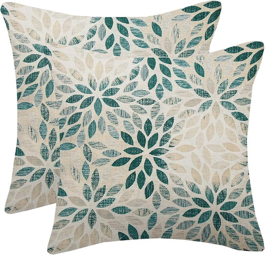Dark Teal Dahlia Pillow Covers 18x18 Inch Set of 2 Summer Geometric Rust Flower Outdoor Decorative Throw Pillows Farmhouse Turquoise Pillow Case Linen Square Cushion Cover for Home Sofa Bedroom